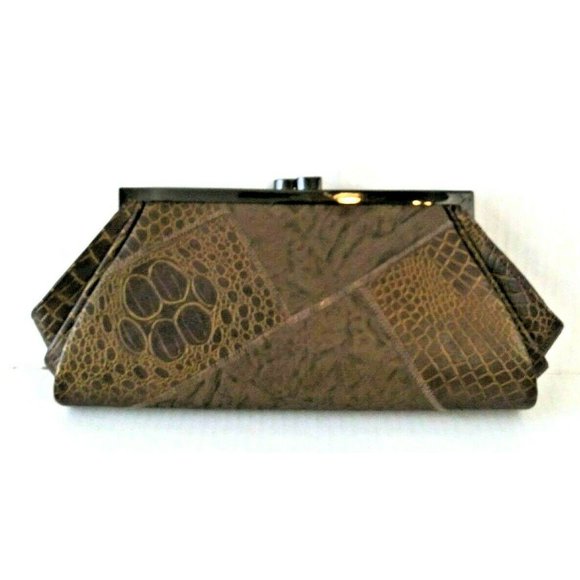 Women's Kate Landry Animal Print Brown Clutch Bag Metal Hardware Snap Closure - Picture 2 of 7